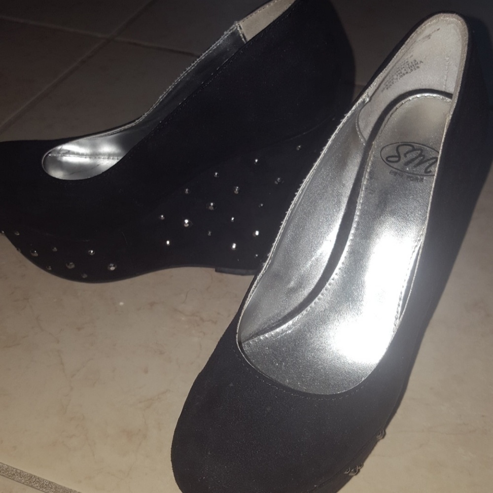 SM New York Black Suede Rhinestone Wedges
